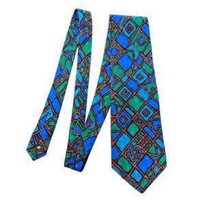 Vintage 1980s Silk Tie Serica for Cedrics  Blue Green Red Abstract Men’s 57”